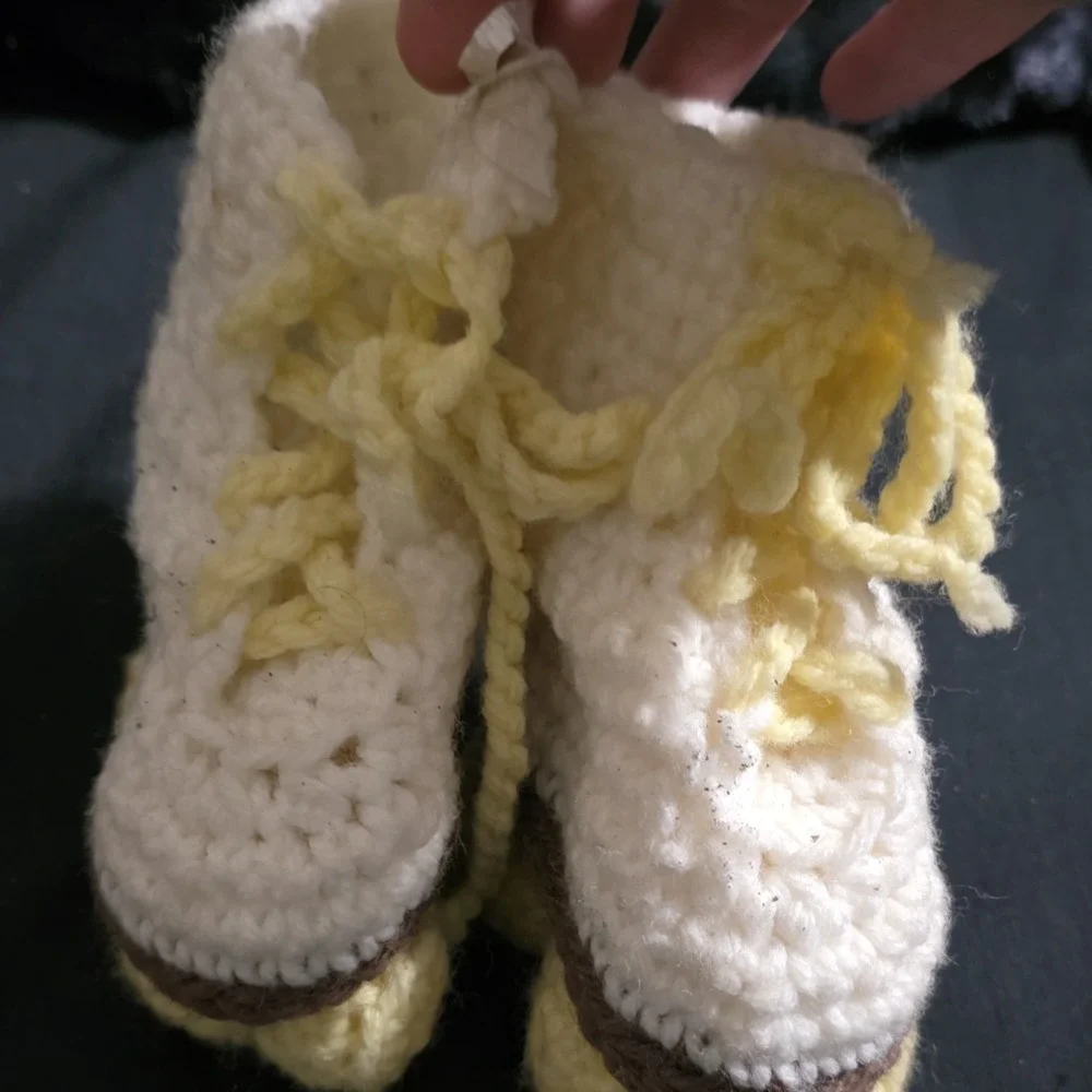 Handmade Crochet Bootie Shoes White Yellow Brown Unisex Baby Toddler